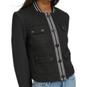 Karl Lagerfeld Paris Jacket Women's Grogain Stripe Detail Tweed Bomber Size M